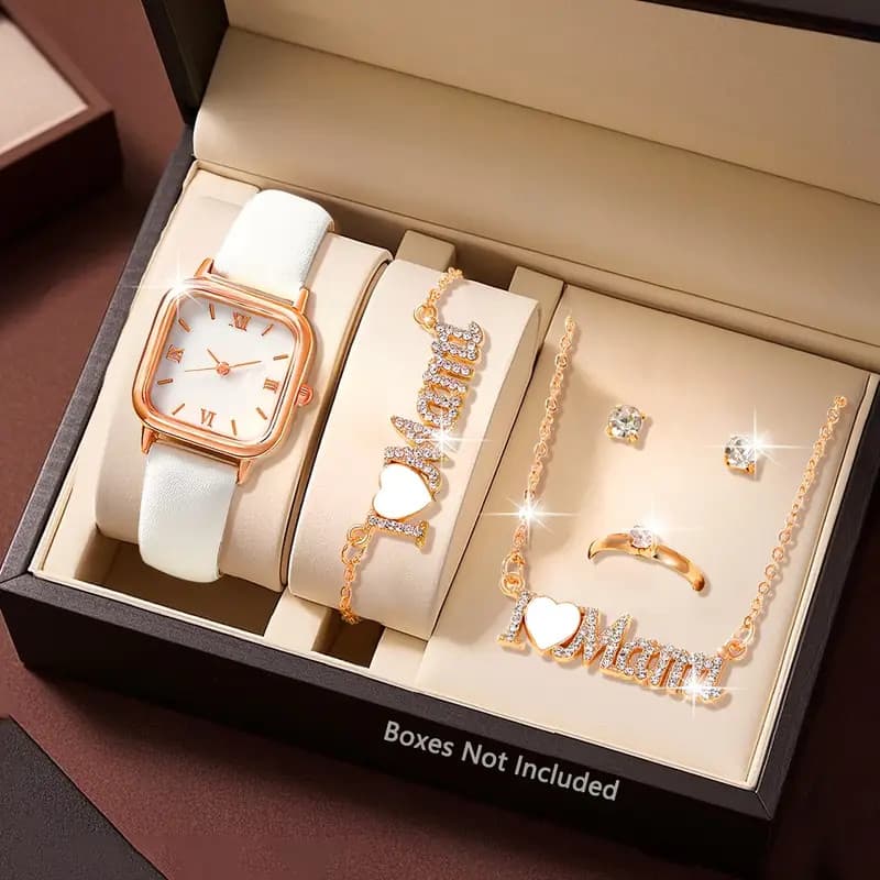 6 Peças Conjunto De Relógio De Quartzo Feminino Casual Pulseira De Couro Relógios De Pulso E Joias LOVE Mom (Sem Caixa)
