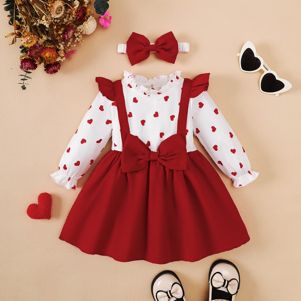 Conjunto De Vestido De 2 Peças Para Bebês Meninas De 6 Meses A 3 Anos , Top Com Estampa De Coração 2 Em 1 + Saia Geral V