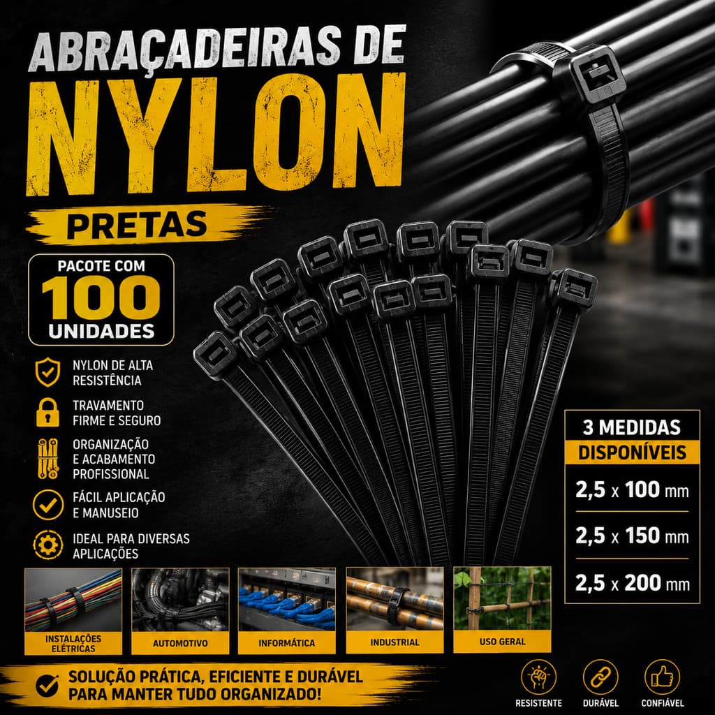ABRAÇADEIRAS DE NYLON PRETAS ENFORCA GATO KIT COM 100 UNIDADES ALTA RESISTÊNCIA ORGANIZADOR DE FIOS E CABOS