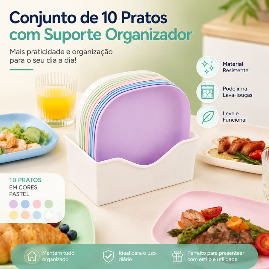 10 Pratos Reutilizáveis​​de Plástico Rígido com Base，Fácil de armazenar