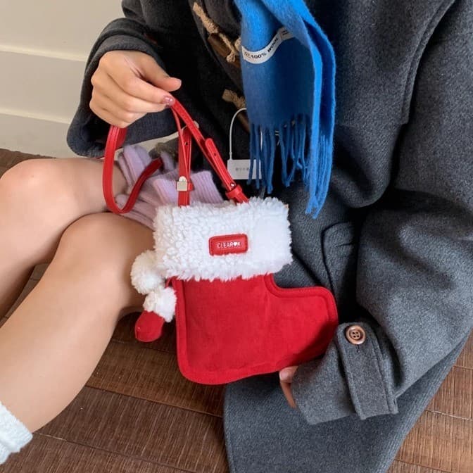 Saco vermelho peludo nicho Design 2026 novo estilo meias de natal bonito Boot saco do telefone móvel feminino Crossbody
