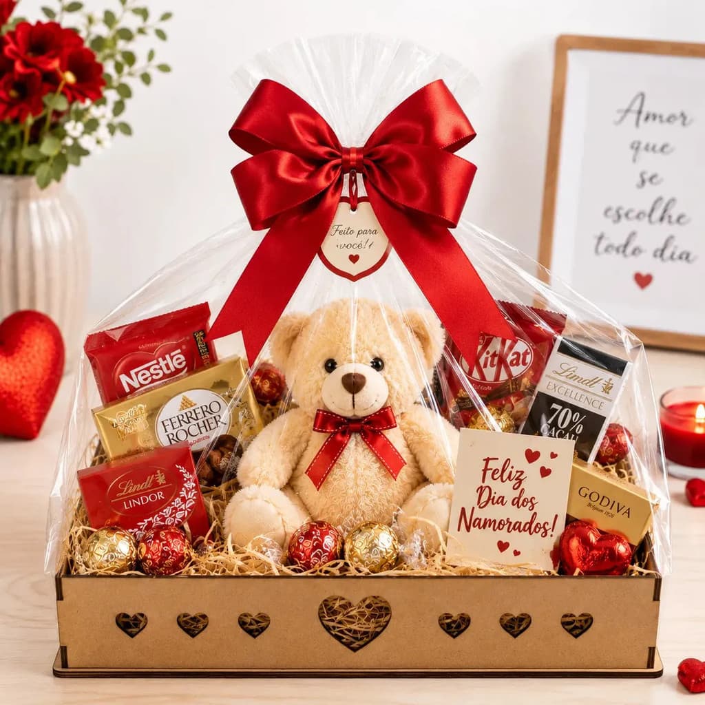 Bandeja Cesta De Presente Flores Chocolate dia dis namorados dia das mães dia dos pais kit presente