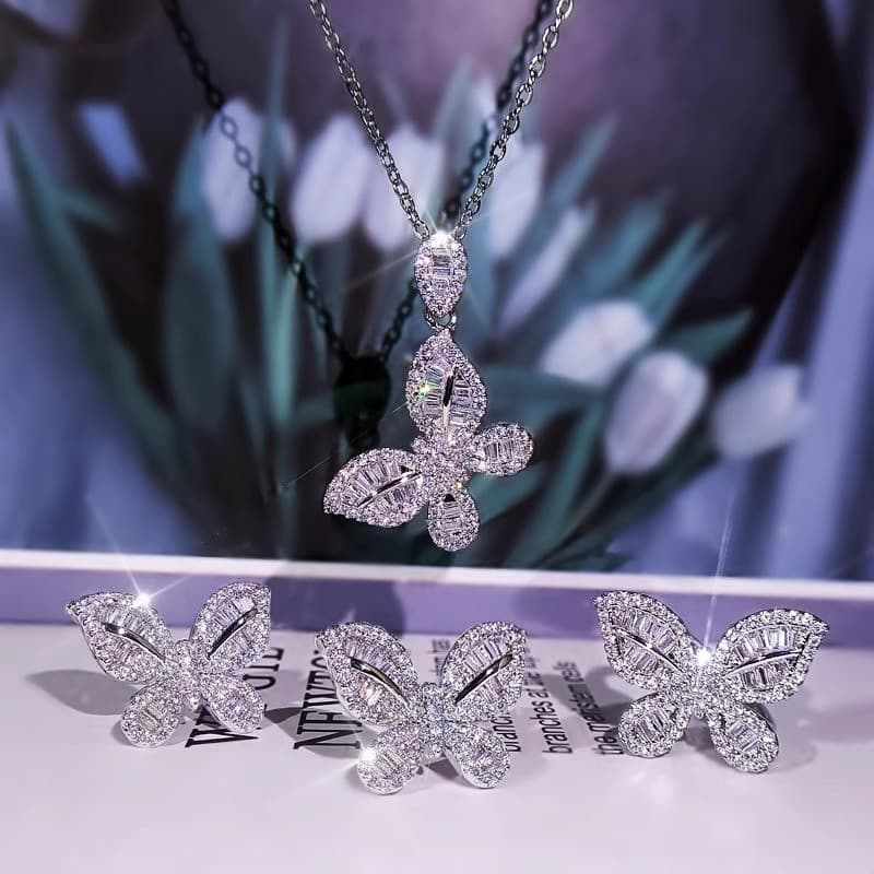 [B.Ling] Colar de zircão em ouro branco cruzado, anel de borboleta, brincos, conjunto de acessórios de joias de noiva