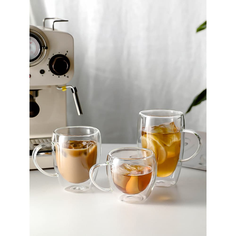 Copo de café de camada dupla simples copo de vidro isolado com alça resistente ao calor xícara de chá copo de água domés