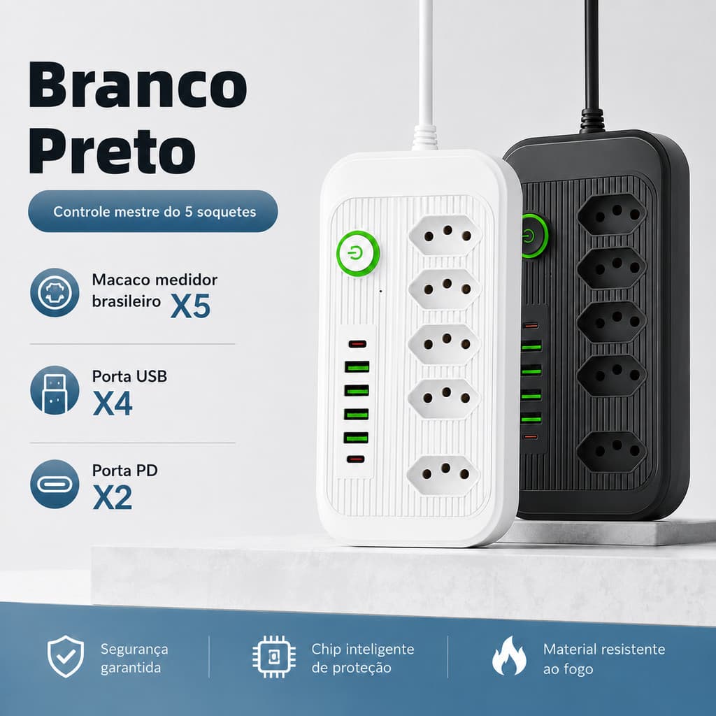 Extensão Elétrica 5 Tomadas + 6 Portas USB PD Carregador Rápido para Casa e Escritório