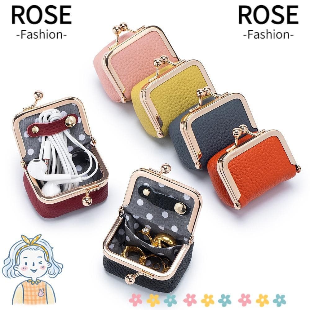 Carteiras Pequenas ROSEGOODS , Bolsa De Armazenamento De Couro Genuíno De Cor Sólida , Mini Moedas Kiss Lock