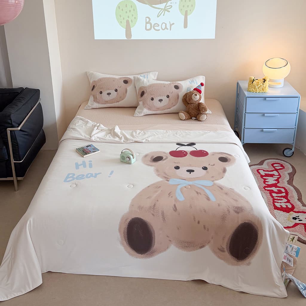 Bonito urso pele de gelo verão colcha capa de cama conjunto de quatro peças crianças verão ar condicionado colcha sensaç