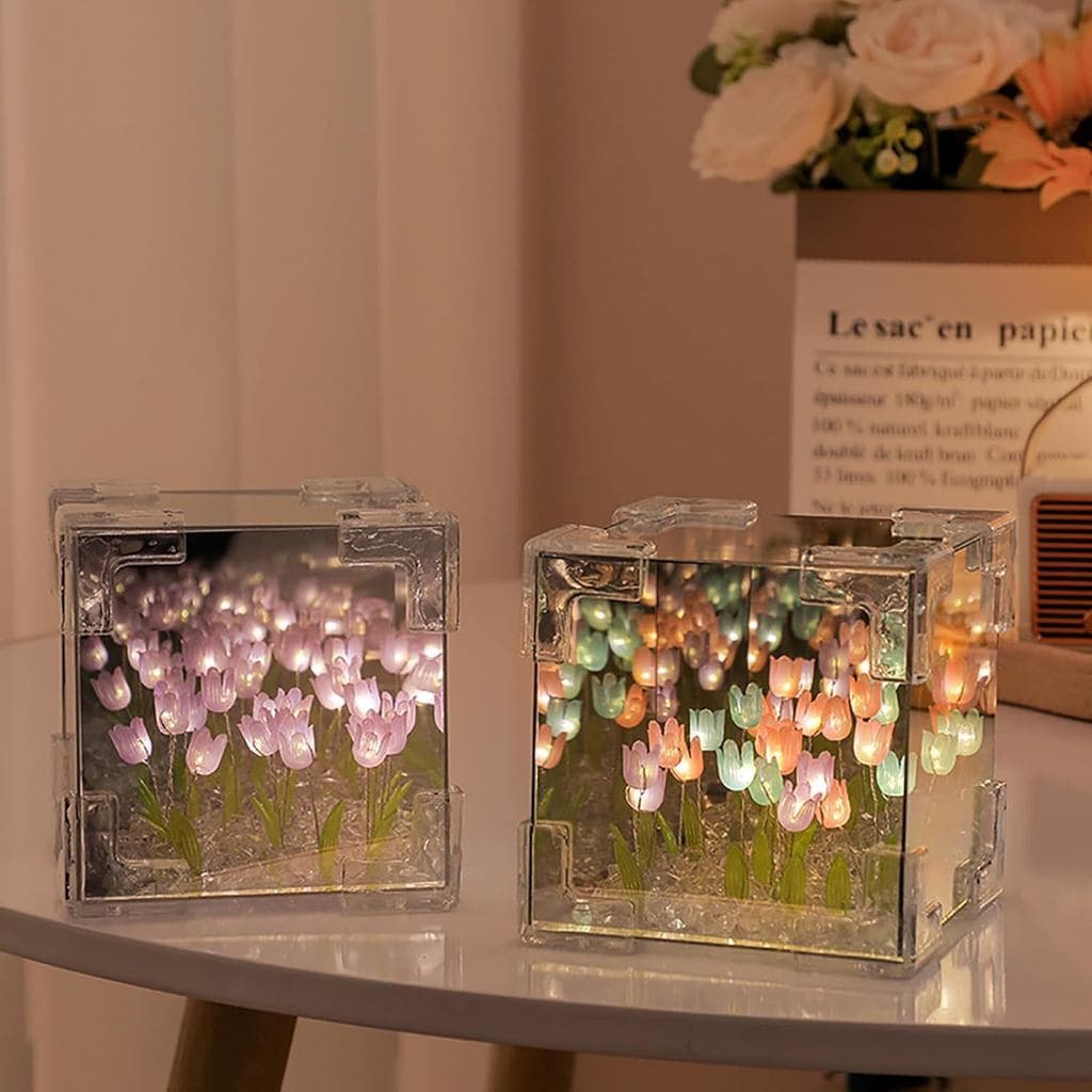 Luminária de Tulipa LED Cubo Espelho Artesanal Luz Noturna Presente Romântico