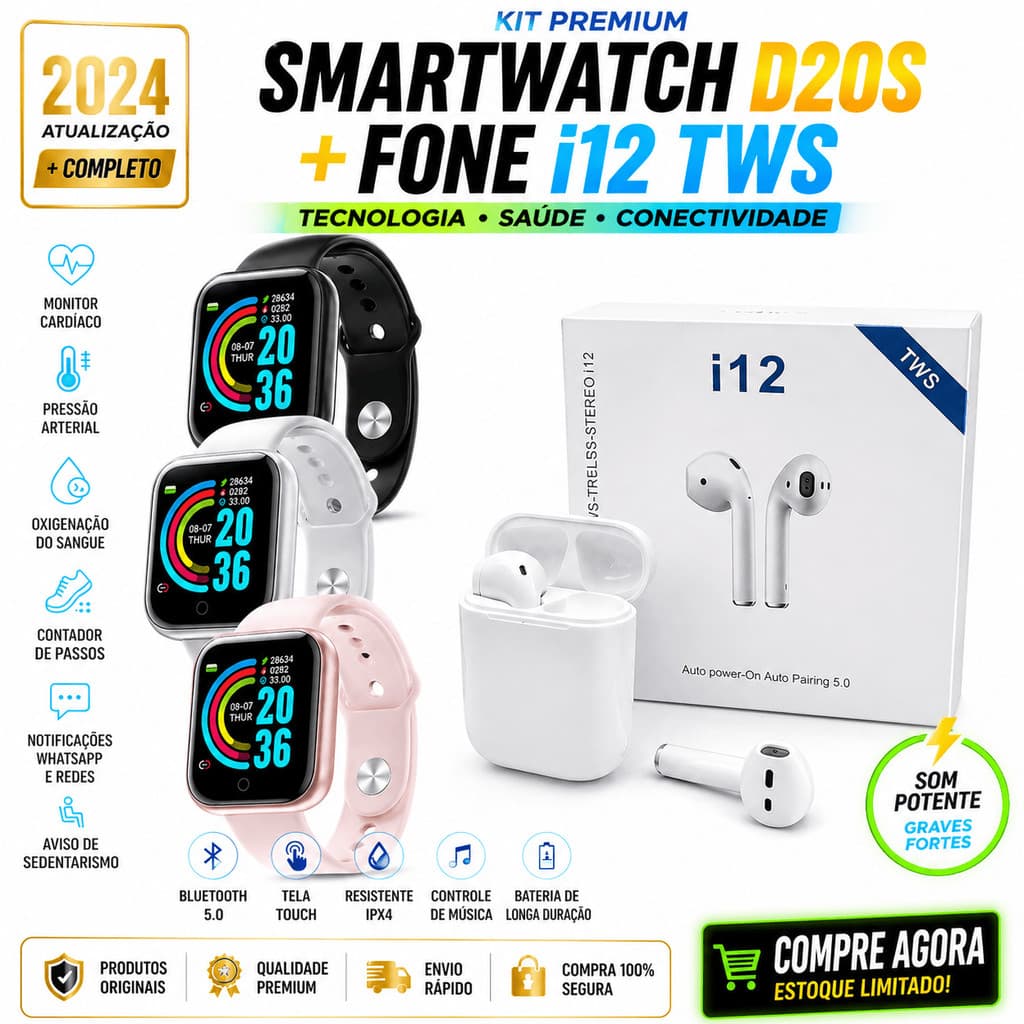 Kit Smartwatch D20S 2024 Relógio Inteligente Fitness Bluetooth Esportivo + Fone Bluetooth i12 TWS