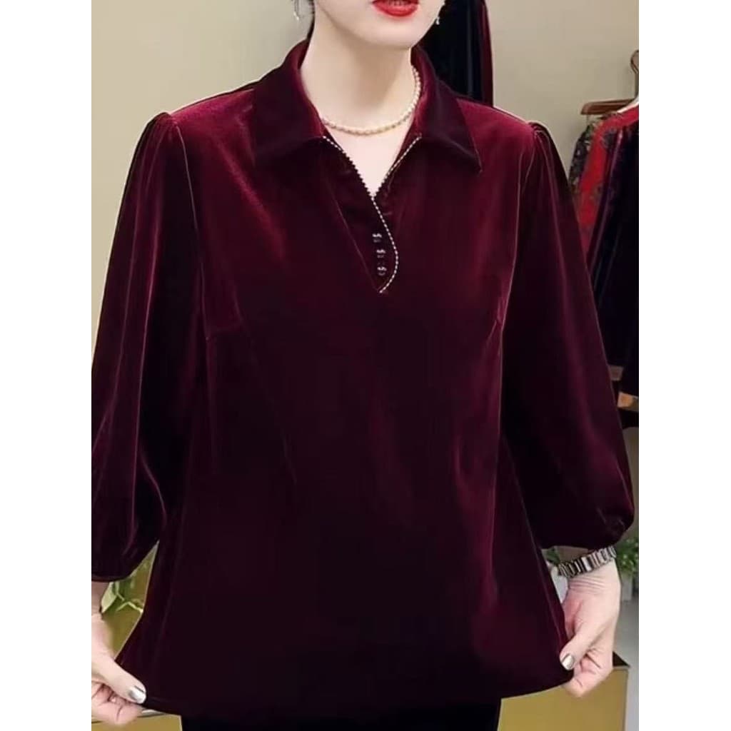 Mulheres de meia-idade primavera outono novo estilo ouro veludo pequena camisa lapela manga três quartos topo solto moda