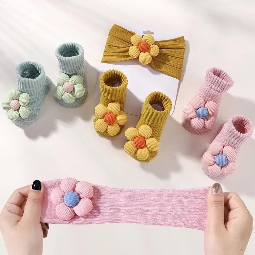 Kit 2 Pç Bebê Menina Faixa Turbante Floral + Meia Anti-derrapante Macia Flor (0-12M) Presente Maternidade Recém Nascido