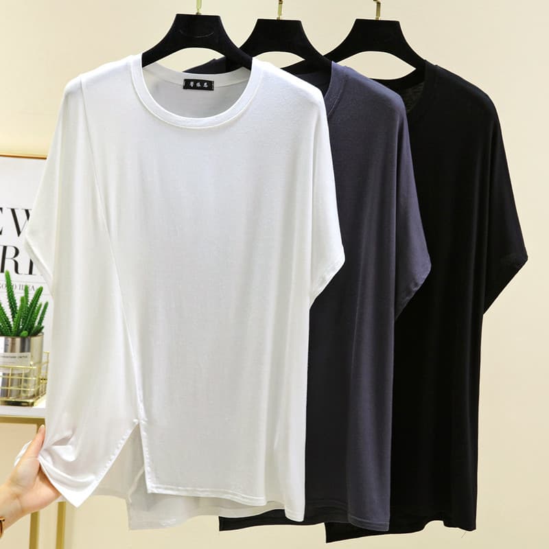 Verão estilo fino Modal Irregular manga curta camiseta exterior topo solto camisa de fundo Design sentimento Plus Size r