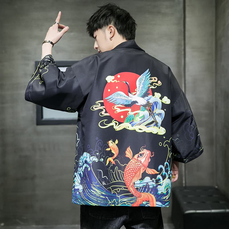 Verão estilo chinês guindaste carpa impressão Cardigan Hanfu manto masculino estilo japonês japonês Retro Haori taoísta