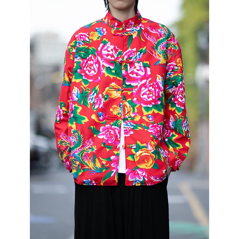 Nordeste grande flor camisa de manga comprida masculina estilo chinês novo estilo chinês fivela gola alta Tang terno est