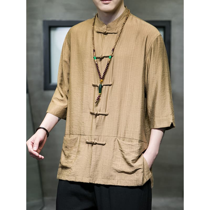 Estilo chinês gelo seda meia manga camisa masculina Hanfu verão Drape camisa de manga curta solta tamanho grande abotoad