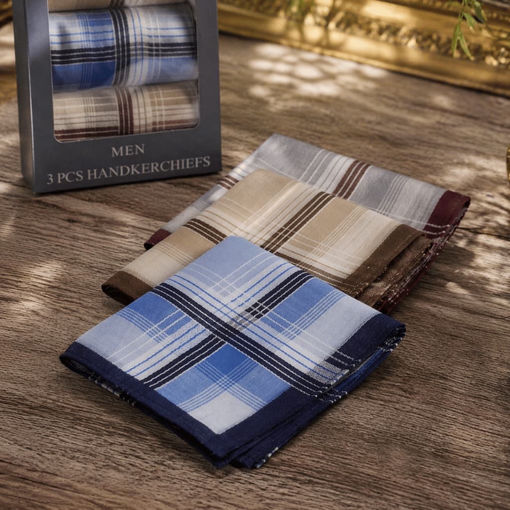 Kit 3 Lenços Masculino Liso Listrado Xadez 100% em Algodão 40cm x40cm para Bolso de Terno