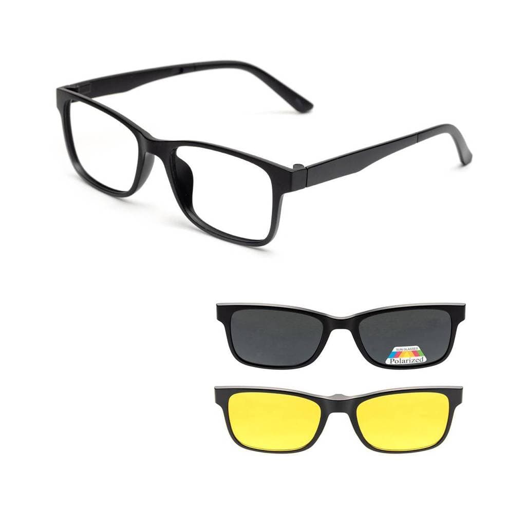 Óculos De Sol Masculino Polarizado Preto Armação Para Grau Clip On 3 em 1 Adicional Magnético Quadrado Mod 2303