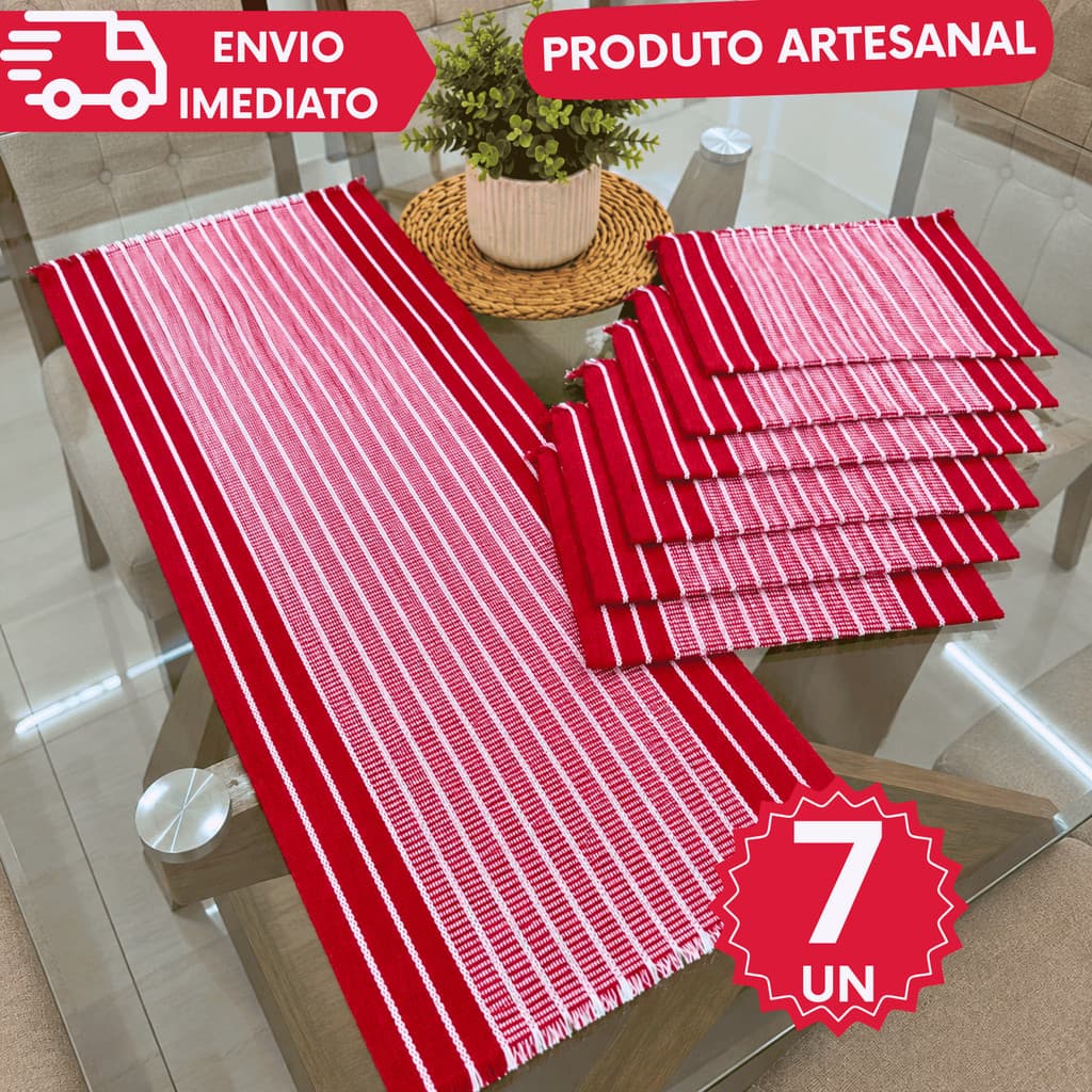 Jogo Americano LUXO 7 peças Tear Artesanal 6 lugares e 1 trilho de mesa