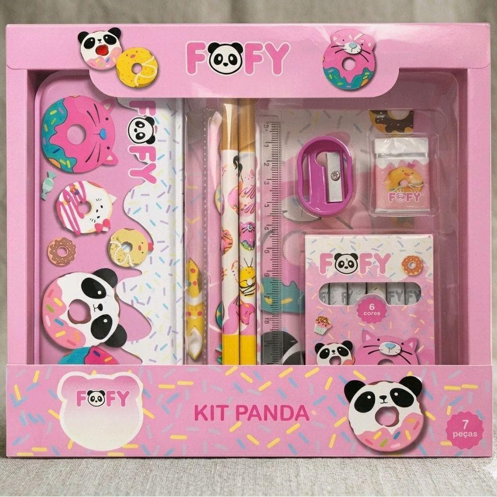 Kit Escolar Fofy Infantil Panda 7 Peças Estojo Lápis Completo Material Escolar Kawaii Fofo Presente
