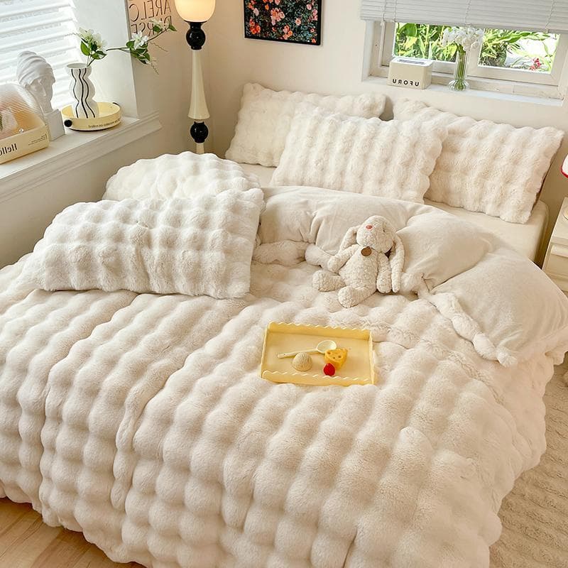 W inverno coelho velo pelúcia engrossado cama estilo princesa conjunto de quatro peças de pelúcia leite velo folha colch