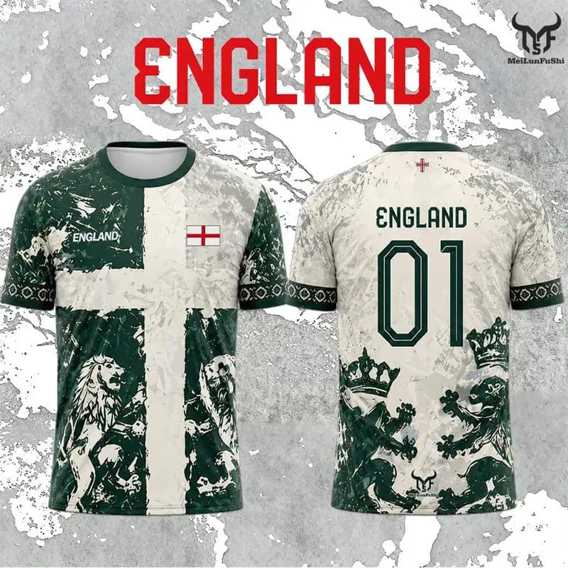 Inglaterra Estilo Leão Impressão Gráfica Camisa De Futebol Masculina De Secagem Rápida E Respirável Manga Curta Unissex