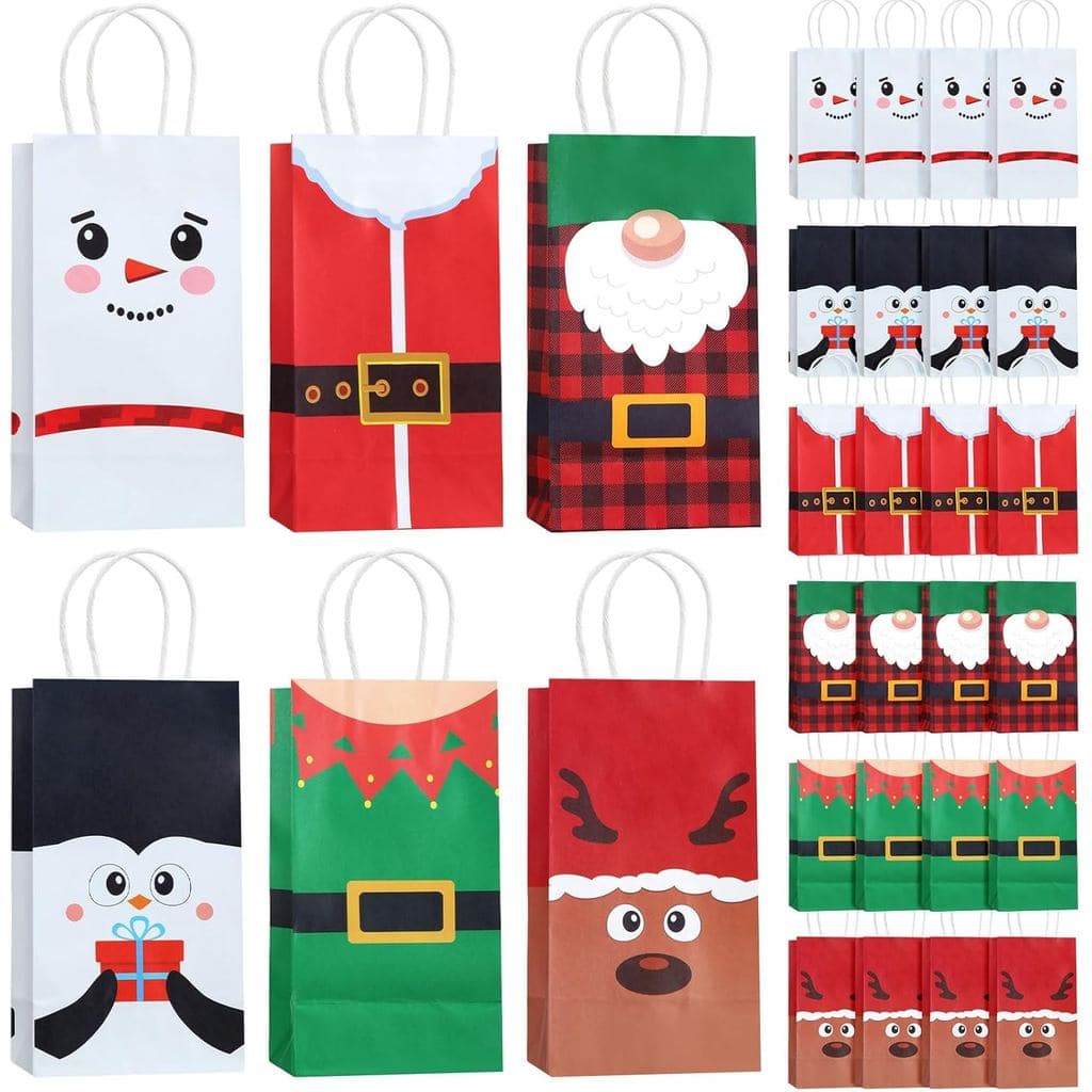 Zhanmai 24 Sacos de Presente de Natal em Papel com Alça, Sacos de Guloseimas de Natal, Sacos de Natal para Embalar Doces