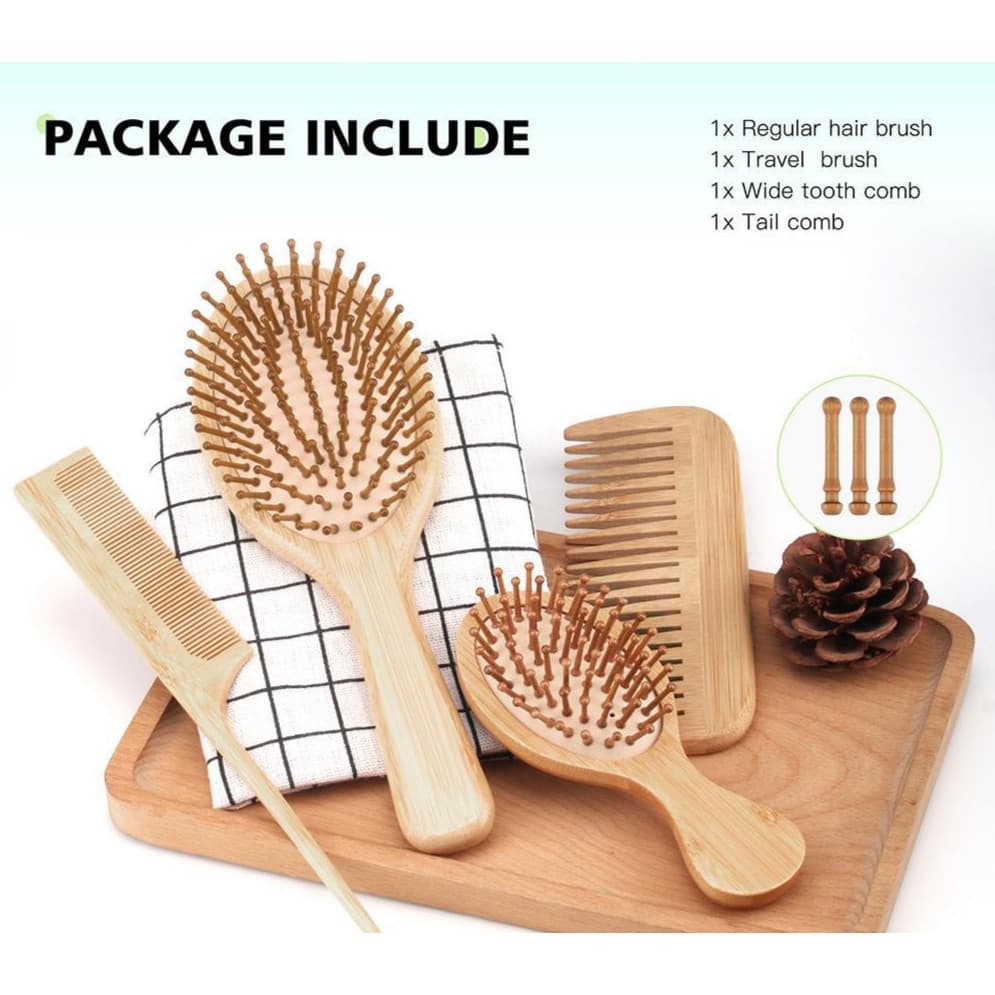 Conjunto profissional de quatro peças de pentes de bambu – escova almofadada, pente de dentes largos, pente de dentes fi