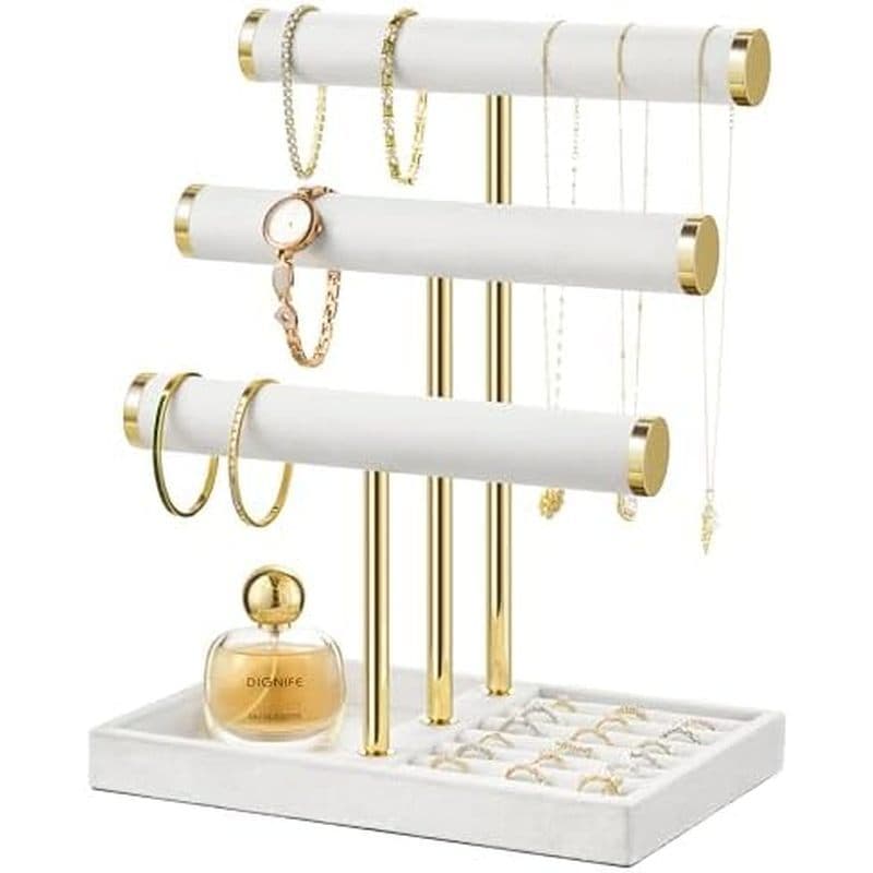 Display De Suporte De Pulseira De 3 Camadas-Veludo Bege Com Barra T Removível , Organizador De Porta-Joias Para , Colar