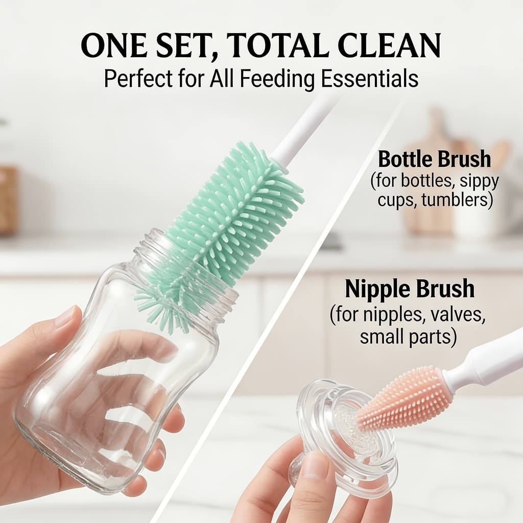 Conjunto de escova de mamadeira de silicone, limpador de mamadeira dois em um, Material de silicone de qualidade aliment