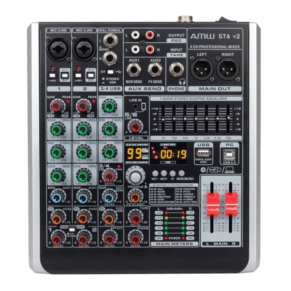 AMW ST6 - Mesa de Som 6 Canais 99 Efx Interface de Áudio USB !