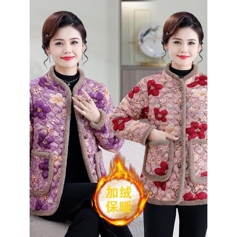 Jaqueta acolchoada de lã da moda para mães, roupas femininas idosas de meia-idade, gola alta, flor grande, curta, quente