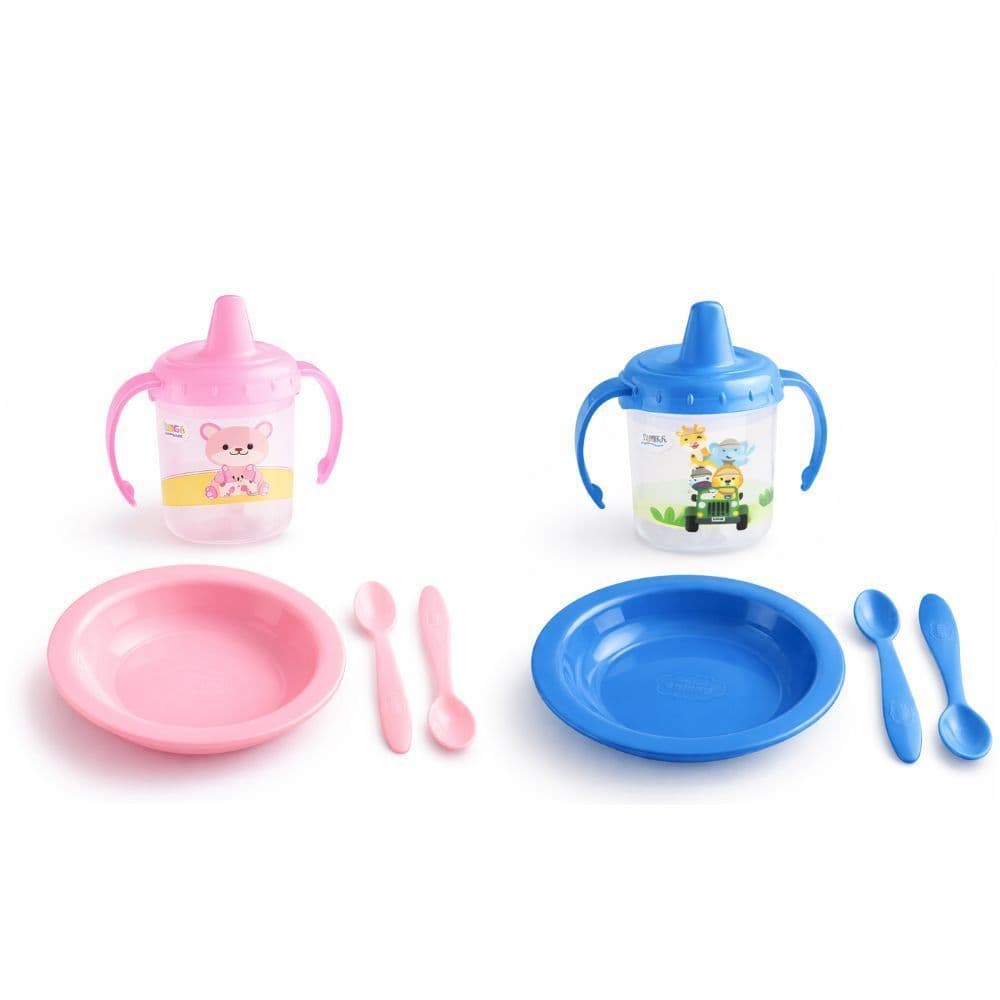 Kit Alimentação Infantil Safari Desenhos Variados Copo Bebê + Prato com Ventosa + 2 Colheres