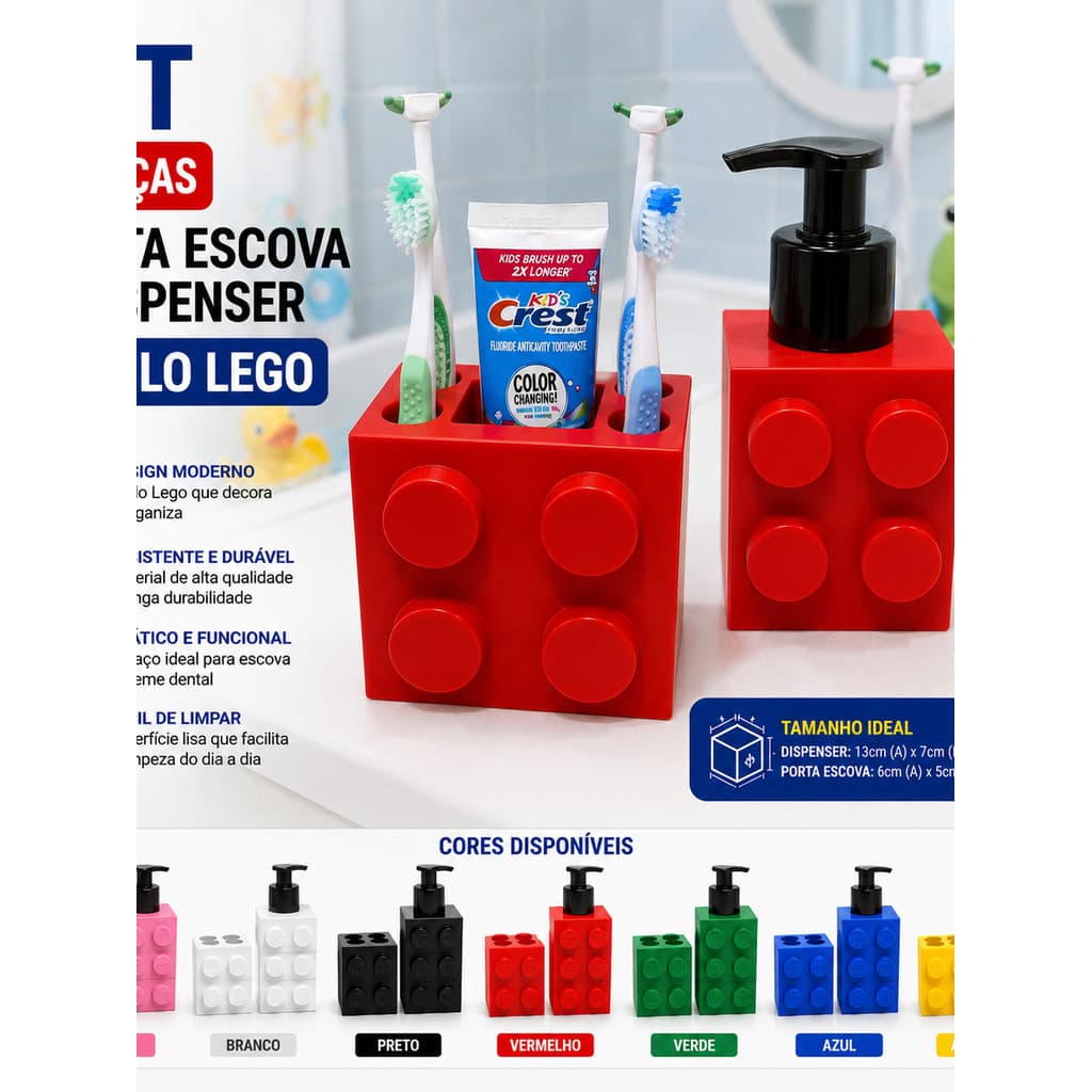 Kit Banheiro Estilo Lego Porta Escova Dispenser Sabonete Líquido Organizador Creme Dental Decoração Moderna