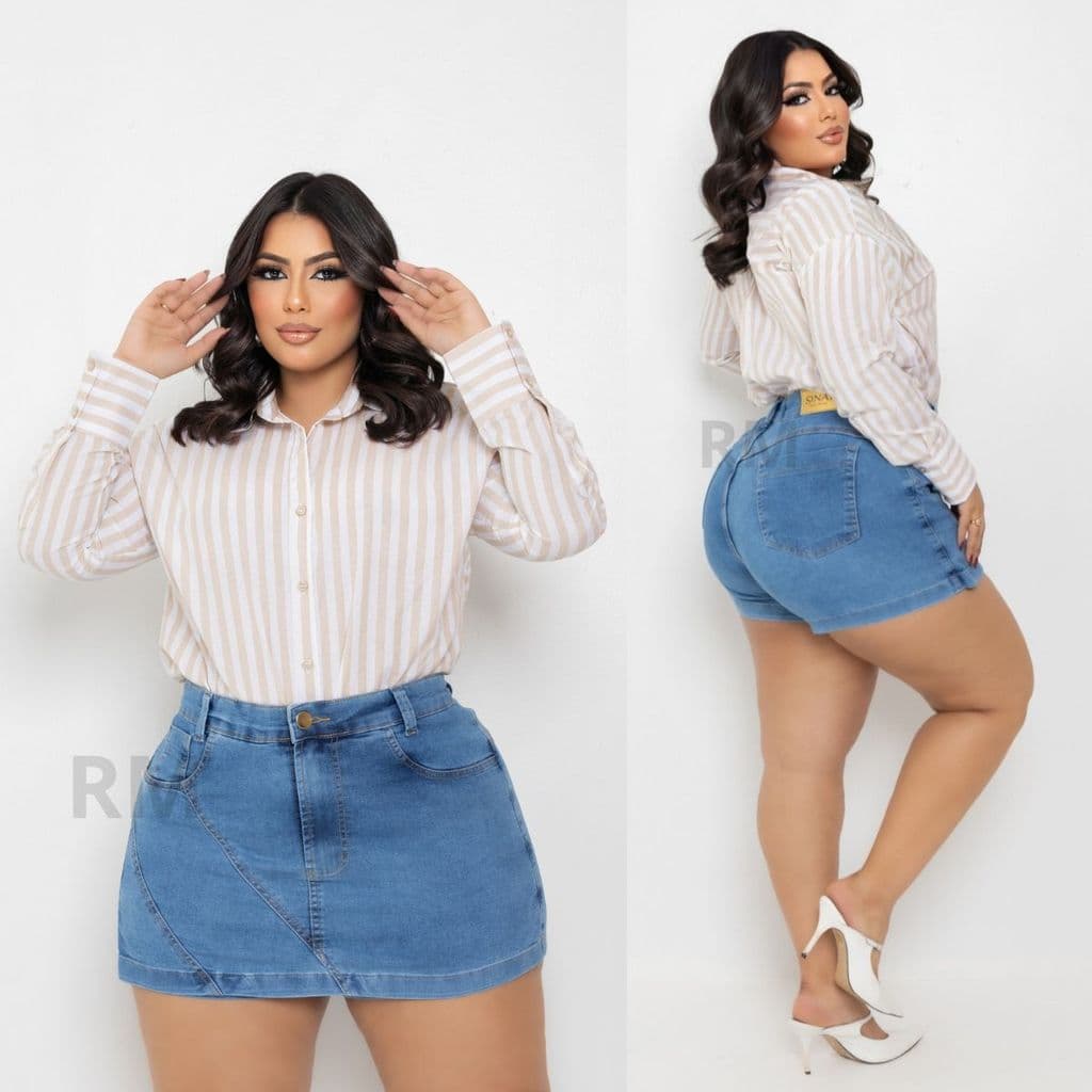 Shorts Saia Jeans Feminino Plus Size C/ Lycra Cintura Alta Com Ziper
