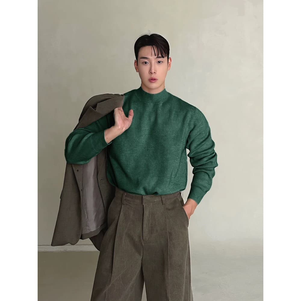 Suéter masculino de fio girado com núcleo verde de Natal, gola meia alta, Slim fit, manga comprida, suor