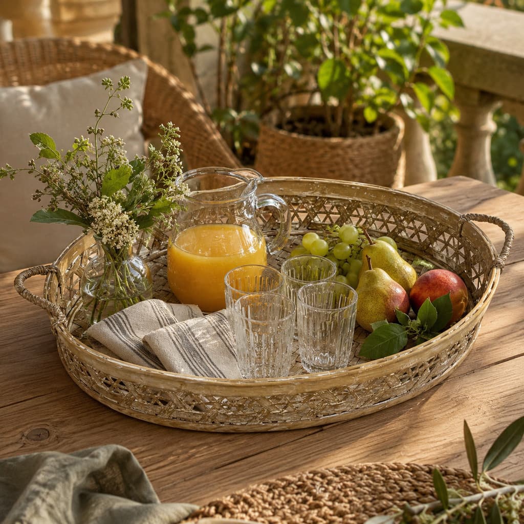 Bandeja Centro de Mesa Cesta Oval Rústica Pátina Envelhecida Decoração Bambu 59cm