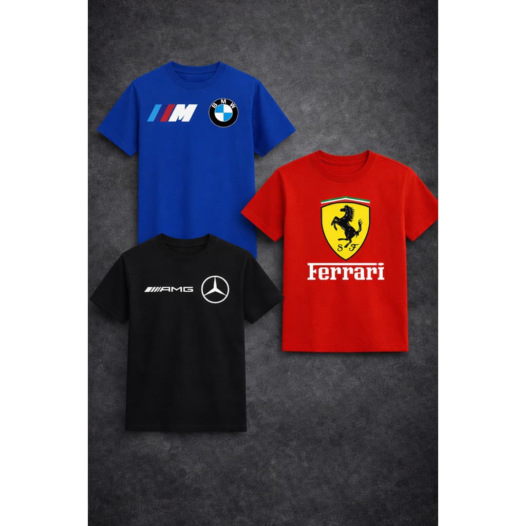 Kit 3 Camisetas Infantil Algodão Ferrari BMW Mercedes Carros Esportivos