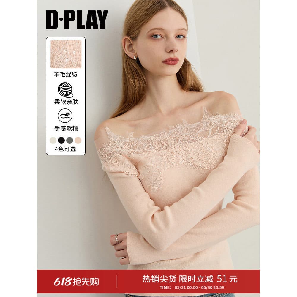 DPLAY2025 Outono Novo Estilo Rosa Malhas Mulheres Renda Costura Design Manga Comprida Lã Top Camisa de Fundo