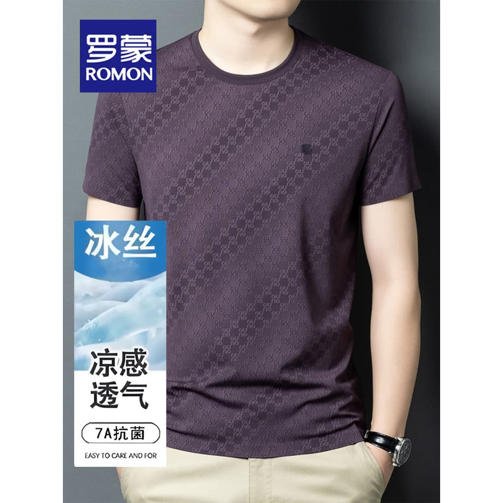 Lomon verão amoreira seda manga curta camiseta masculina em torno do pescoço Jacquard luz luxo não-passar pele-amigável