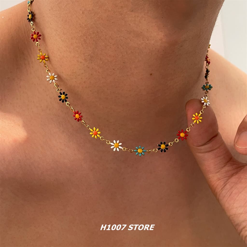 colar aço inoxidável colar femenino Estilo americano costura colorido margarida colar masculino nicho Design colar Hig