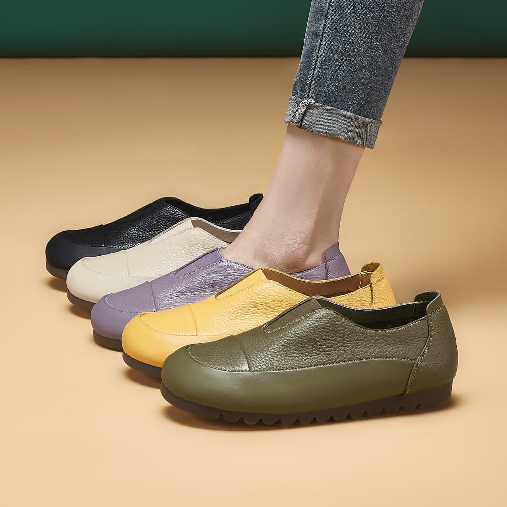 Couro macio sola macia plana sapatos femininos primavera outono novo estilo All-Match boca rasa sapatos confortáveis mãe