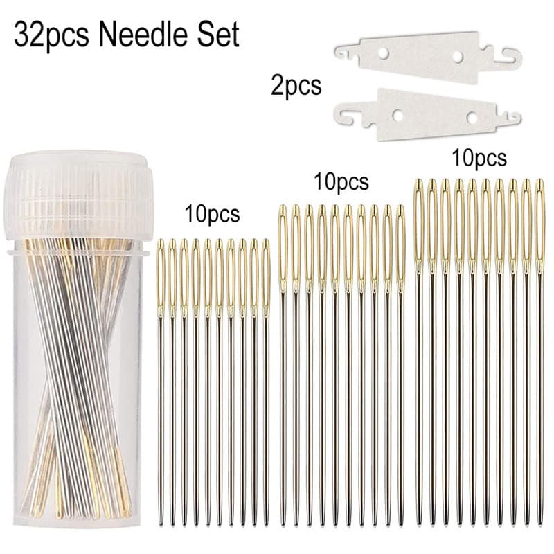 32 Pcs/set De Agulha De Costura De Ilhós Grande Com Manual De Aço Inoxidável Bordar Rosca Acessórios Bricolagem