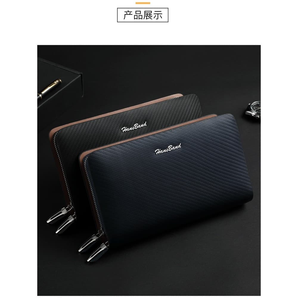 Carteira masculina de couro genuíno High-End longo novo estilo duplo zíper bolsa de negócios simples grande capacidade M