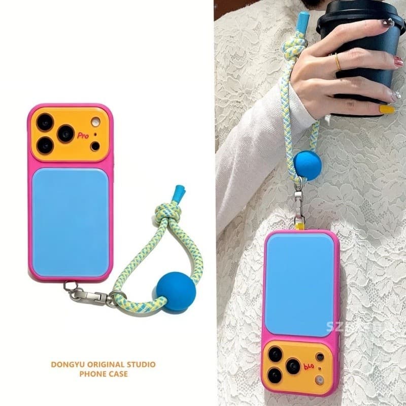 Capa Protetora De Cordão Tecido Bola Colorida DIY Para IPhone 18 17 16 15 14 13 Pro Max Tricolor Dopamina Acrílico Fosco