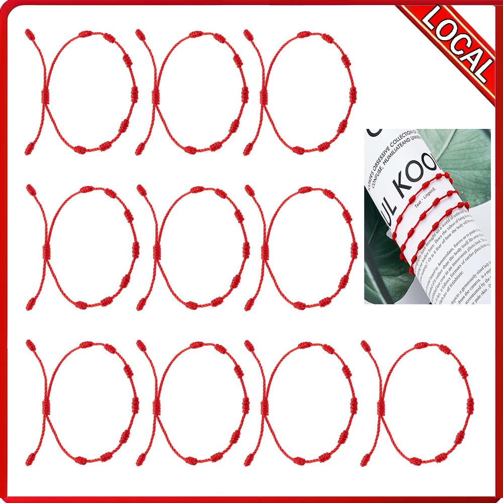 10 peças pulseira de corda vermelha tecida à mão sete nós circunferência de Design ajustável cerca de 16-30cm vermelho