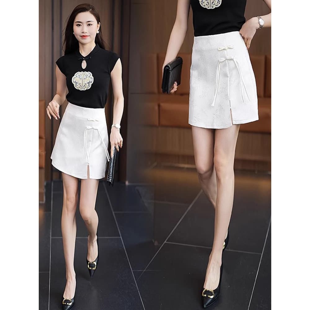 Novo estilo chinês estilo chinês saia feminina 2026 primavera verão novo estilo cintura alta Jacquard a linha fivela fen