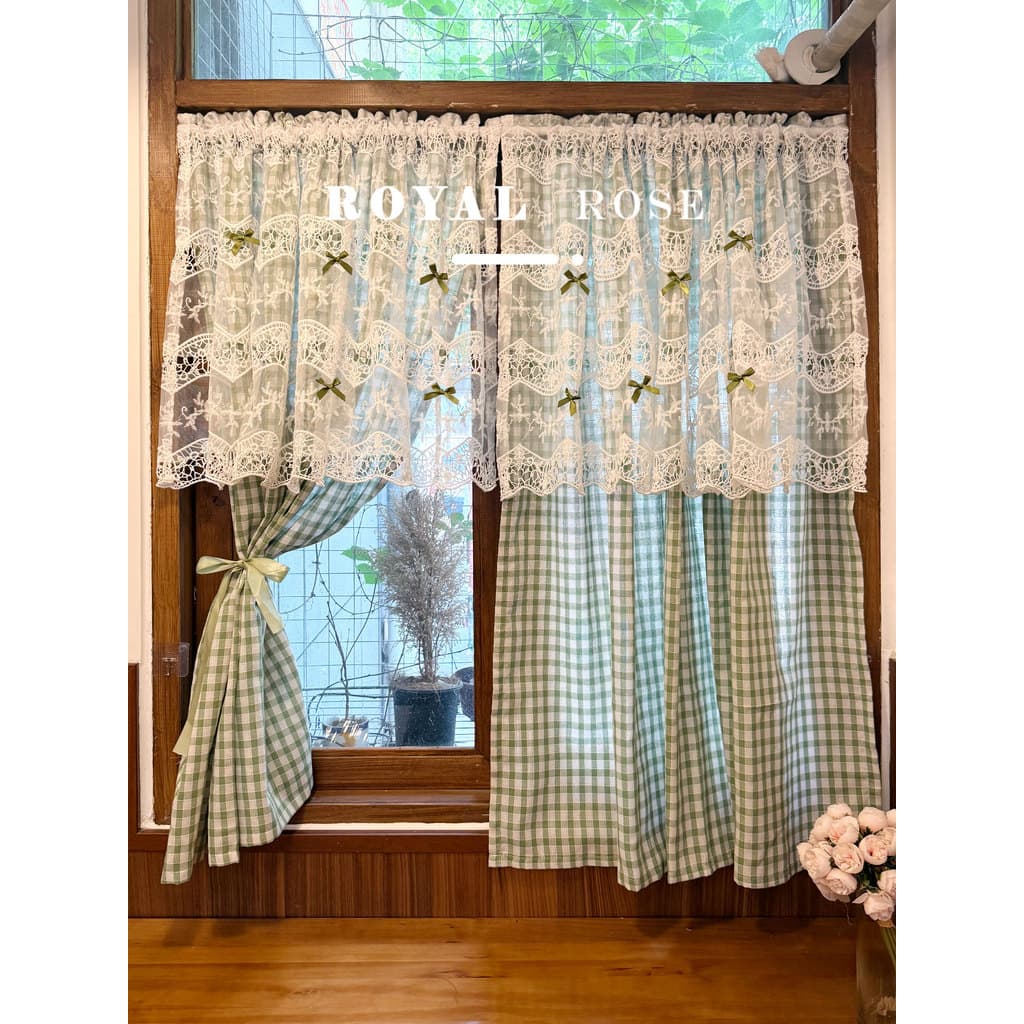 Estilo coreano Pastoral renda branca xadrez cortina cabeça francês romântico Retro Bay janela cortina divisória cozinha