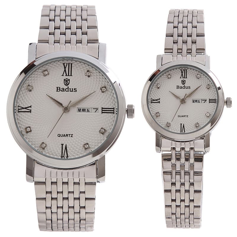 Bai chapeamento tempo senhoras relógio duplo calendário strass Dial banda de aço relógio masculino simples moda à prova