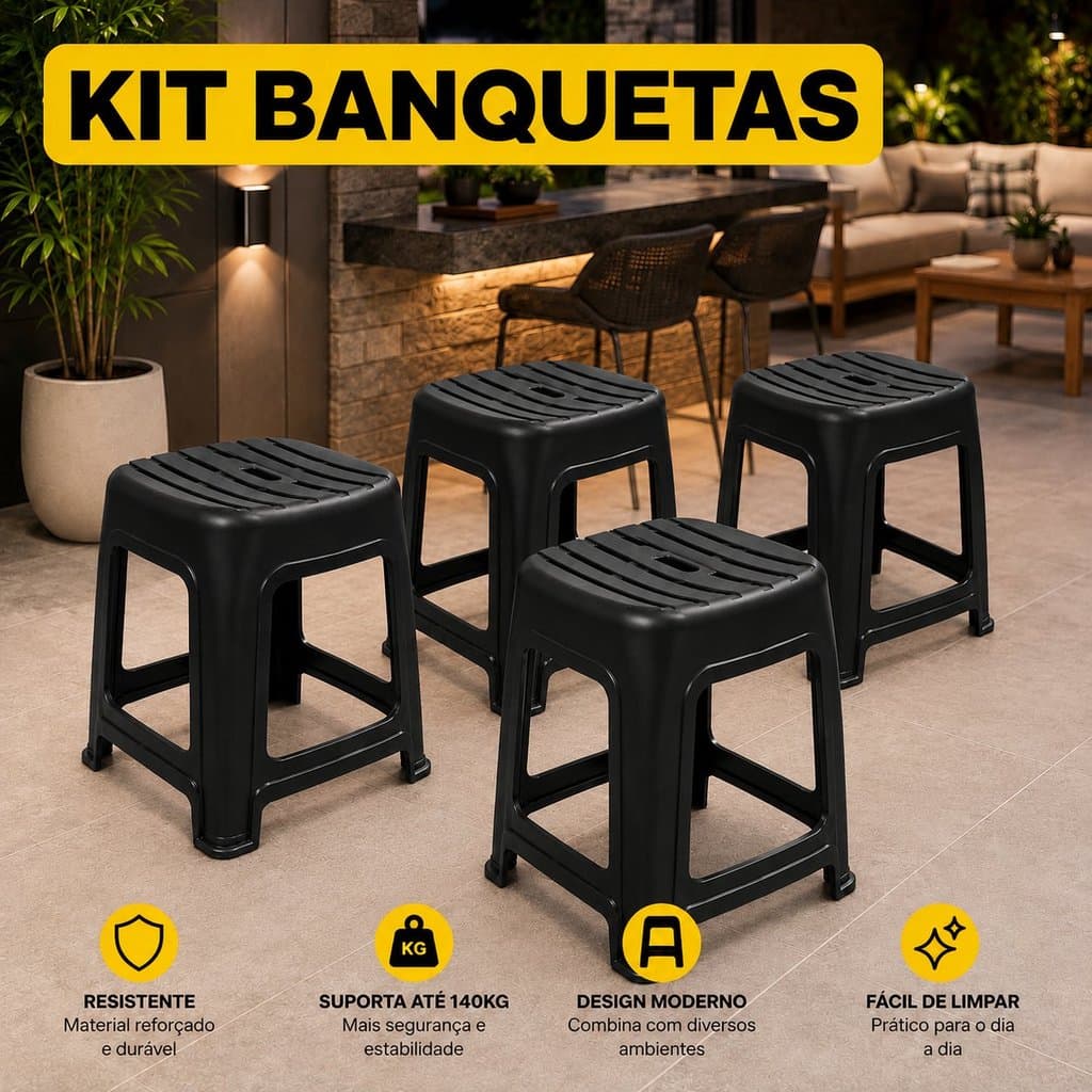 Kit 4 Banquetas Plástica MecPet Preta Lisa Reforçada Resistente Até 140kg Cozinha Balcão Imediato