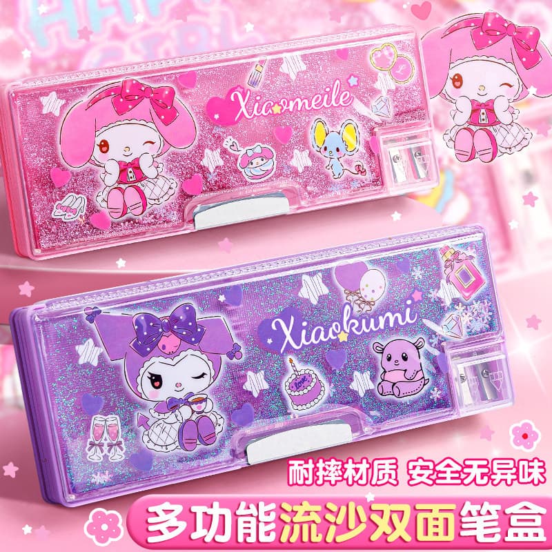 Caixa de papelaria com Glitter 2026 Xiaokumi Bolsa de papelaria multifuncional Estojo para lápis Meninas Crianças Estojo